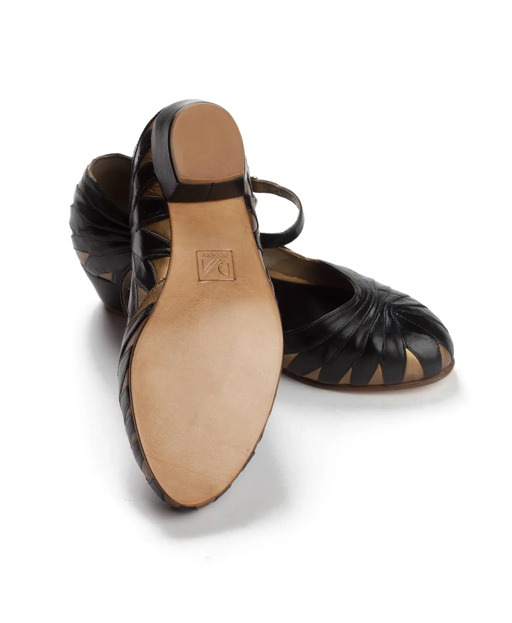 The sole of a black and gold Mary Jane