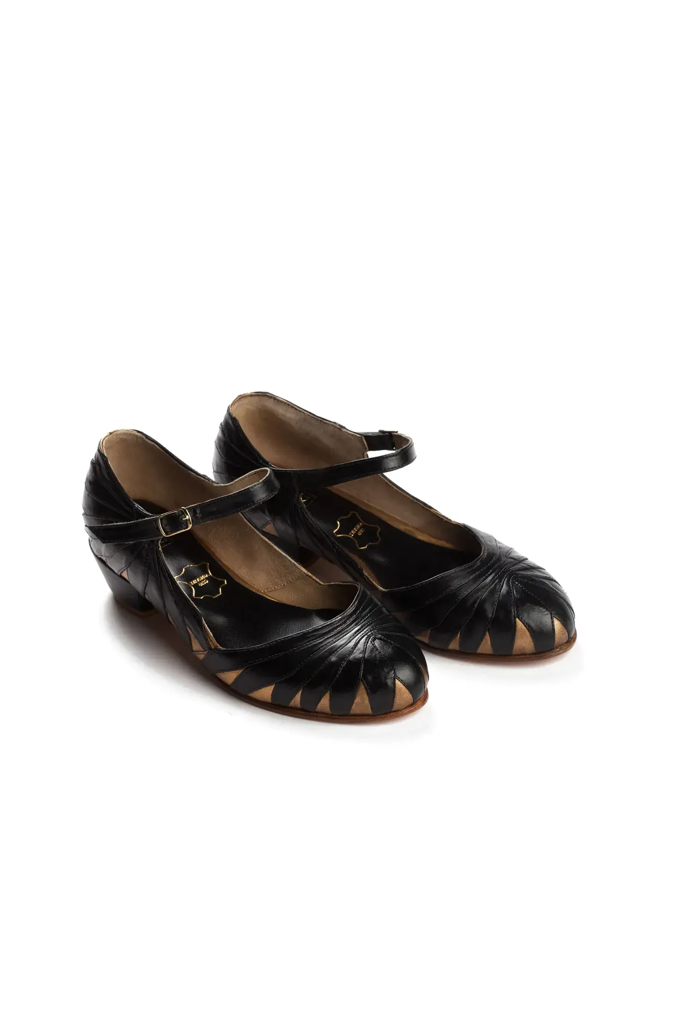 Black and Gold Mary Janes, the pair side by side