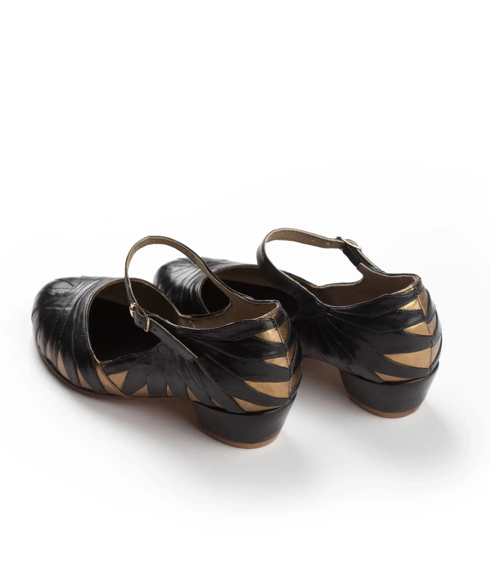 Black and Gold Mary Janes, seen from behind
