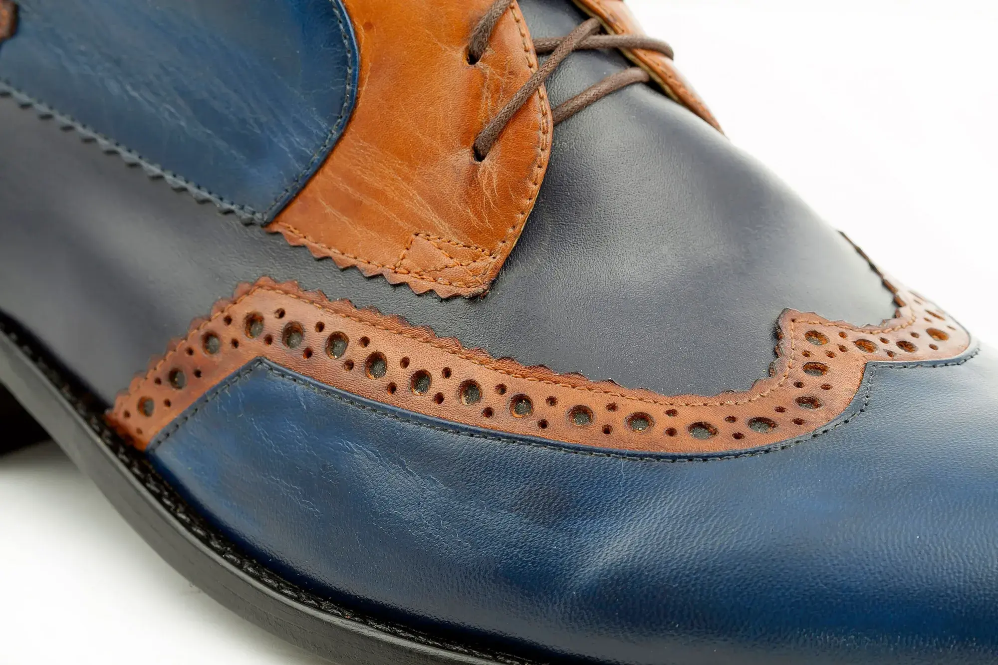 Wingtip detail of a blue and tan brogue