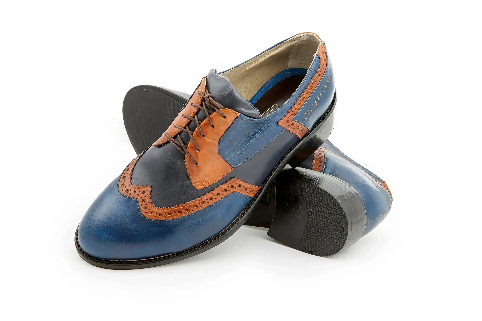 Blue and Tan Brogues, seen from the front at an angle