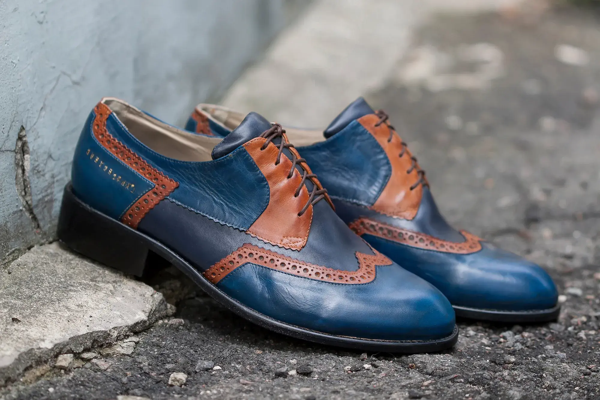 Blue and Tan Brogues, photographed outdoors