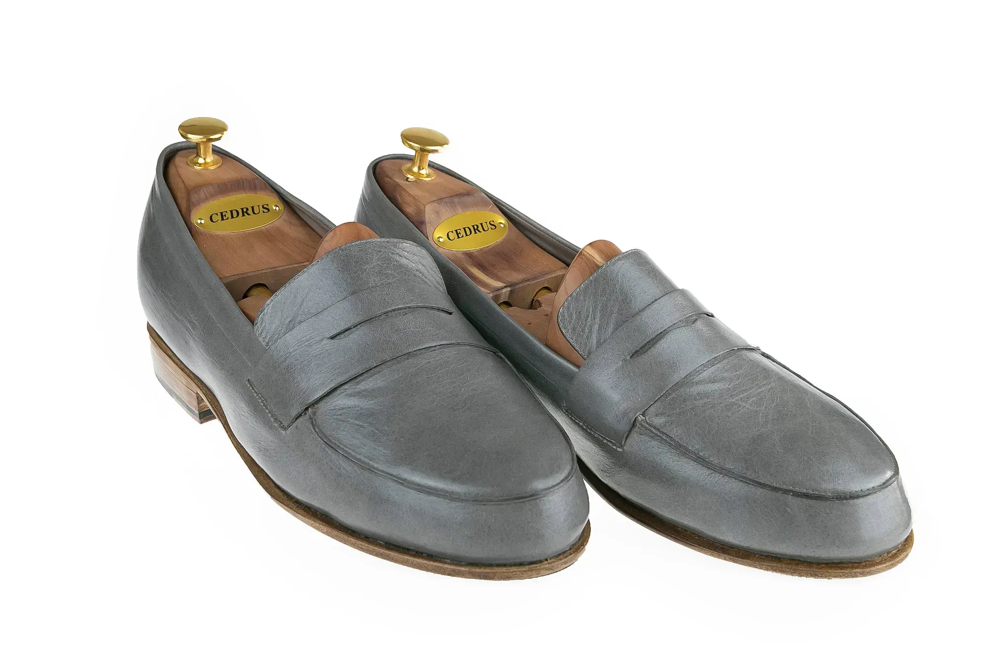 Grey Penny Loafers, seen from the front at an angle