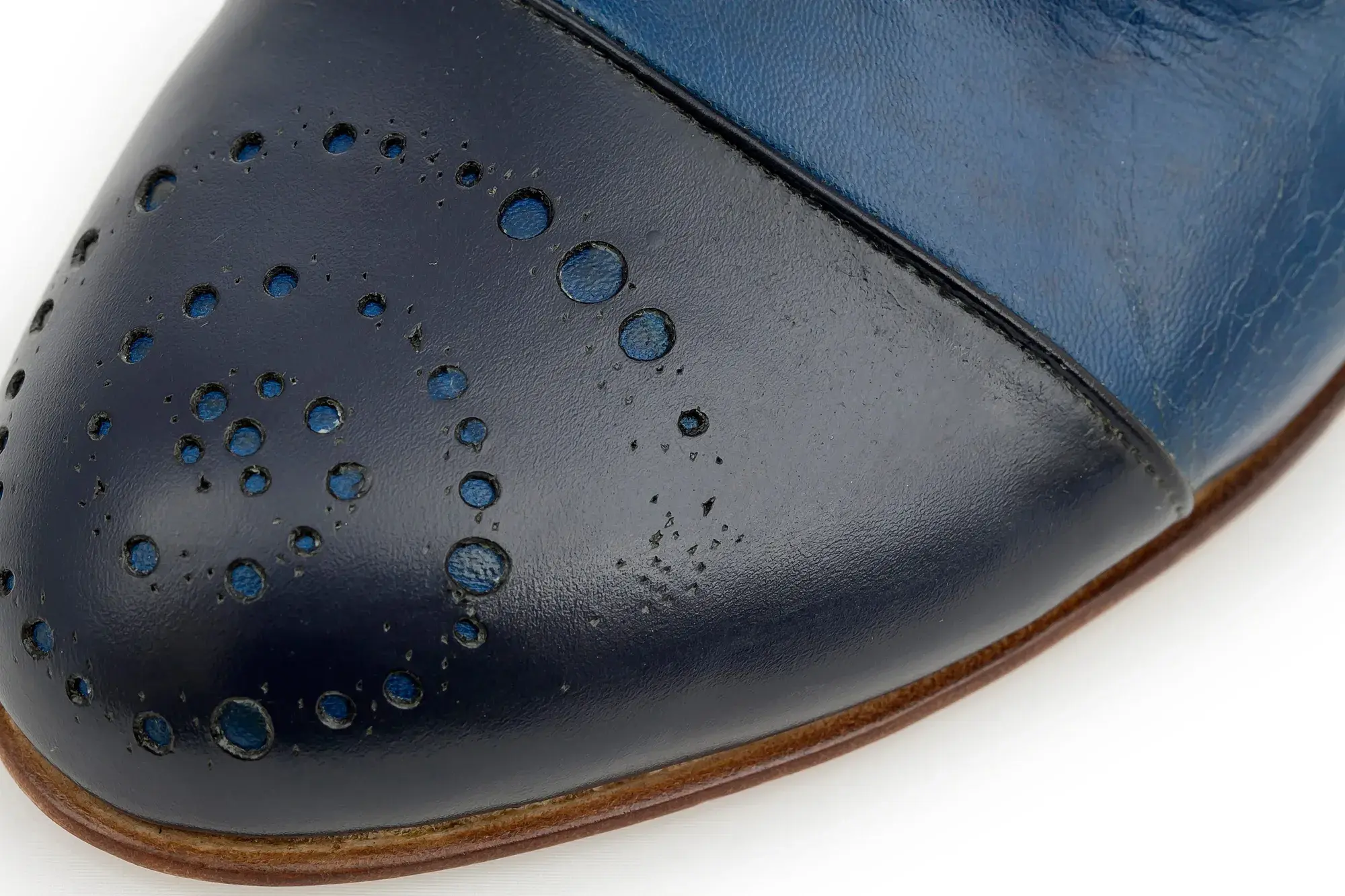 Brogue detail of a navy capped boot