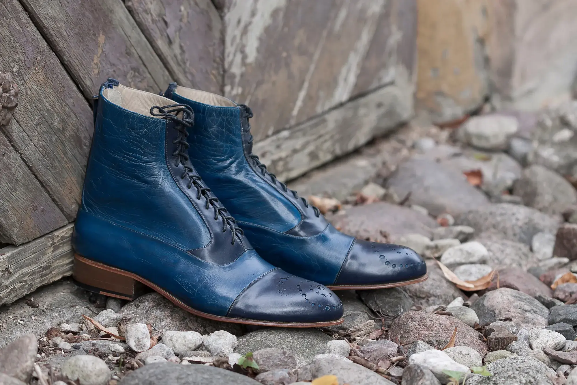 Navy Capped Boots, photographed outdoors