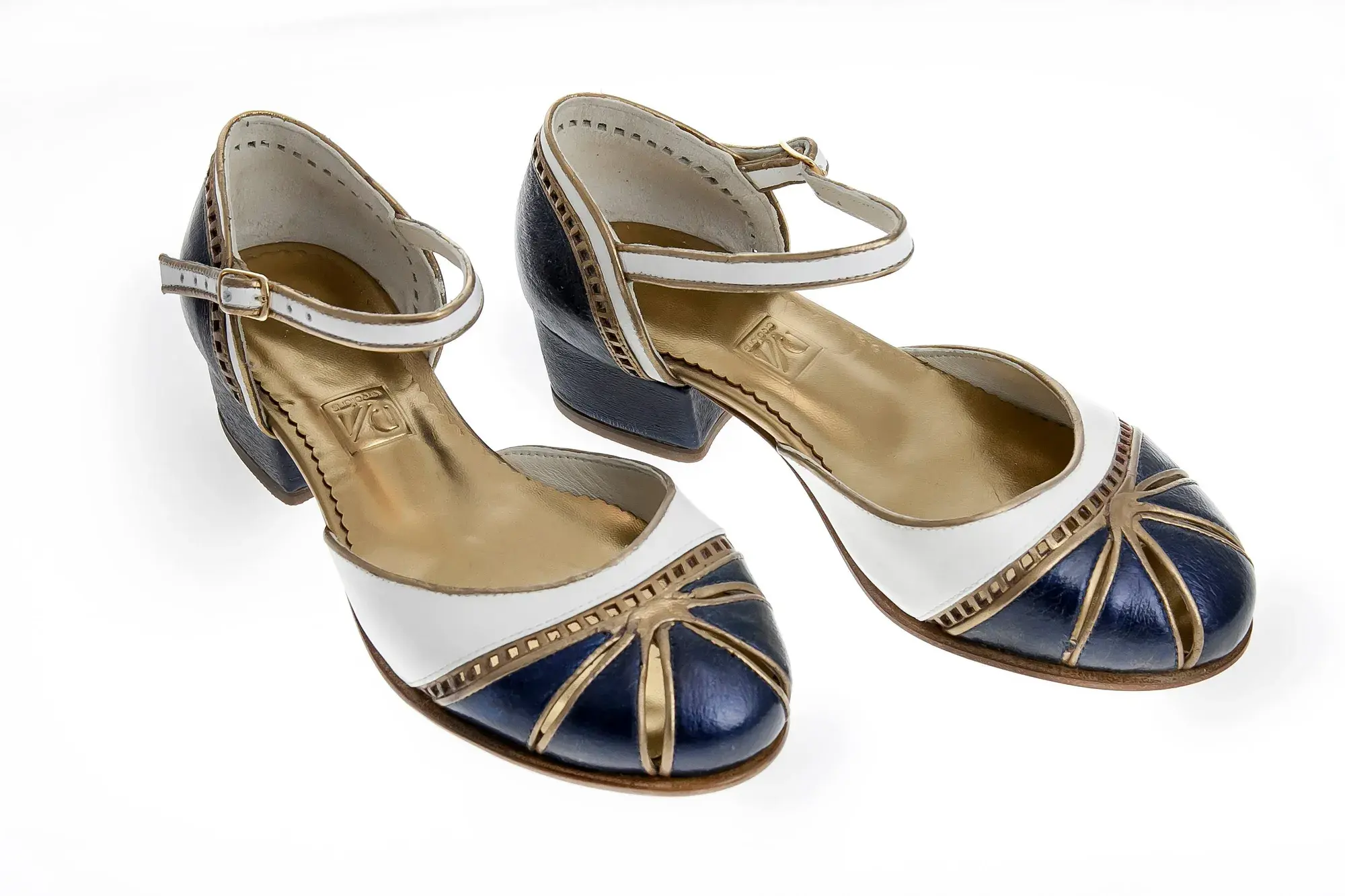 Navy, White and Gold Mary Janes, the pair side by side