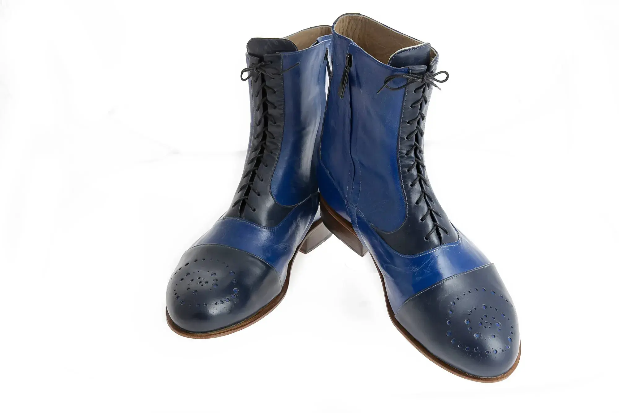 Royal Blue and Navy Boots, one boot leaning against the other