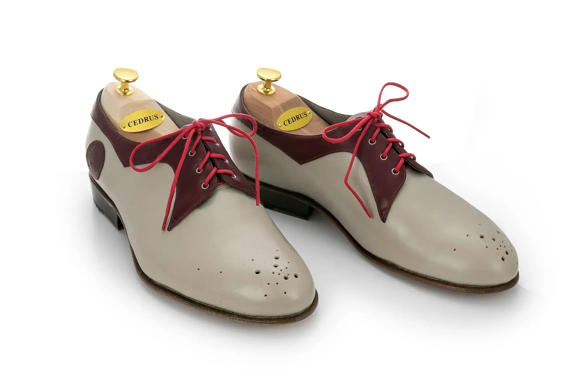Stone and Burgundy Derbies, the pair side by side