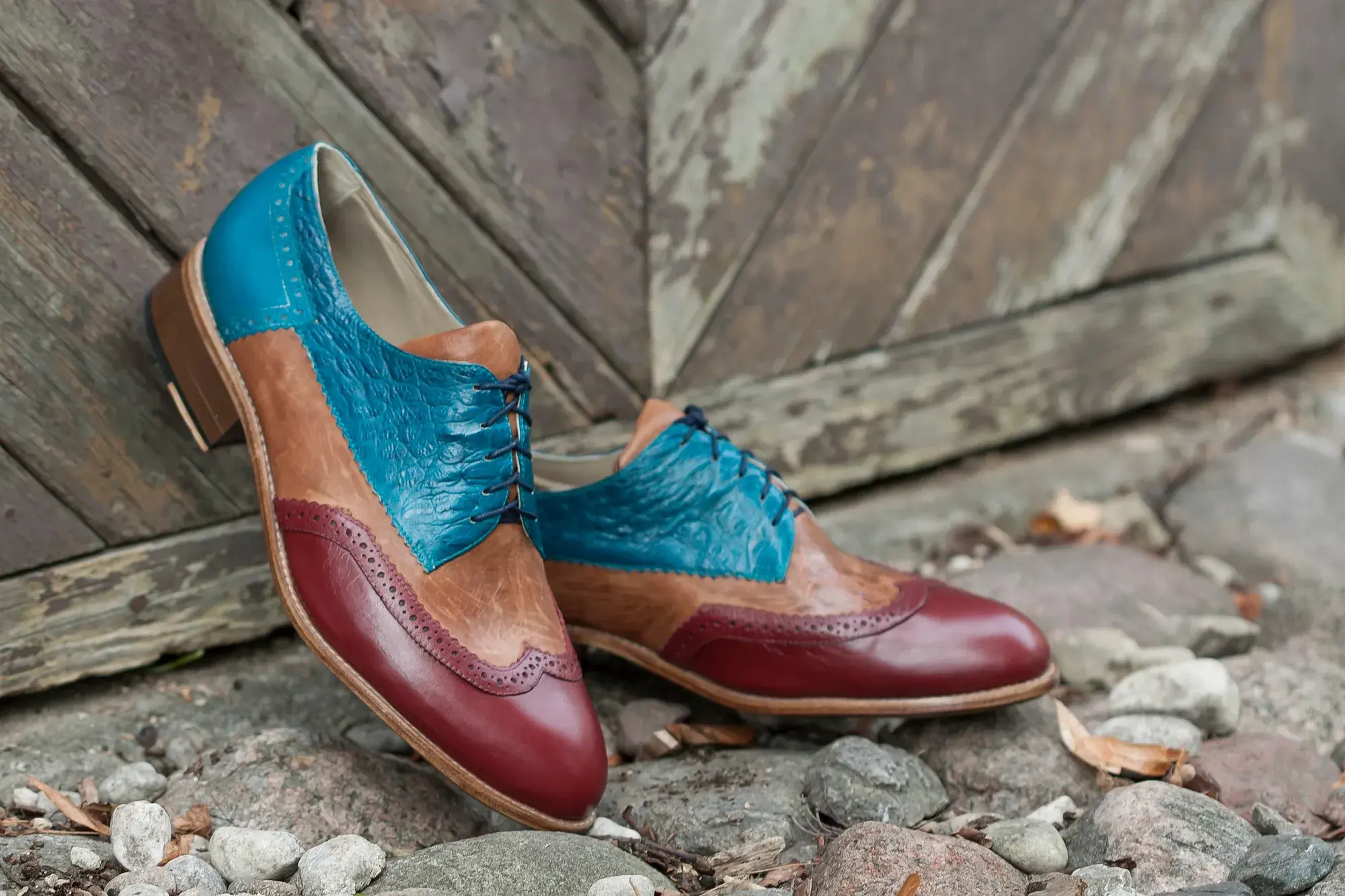 Teal, Tan and Burgundy Brogues, photographed outdoors
