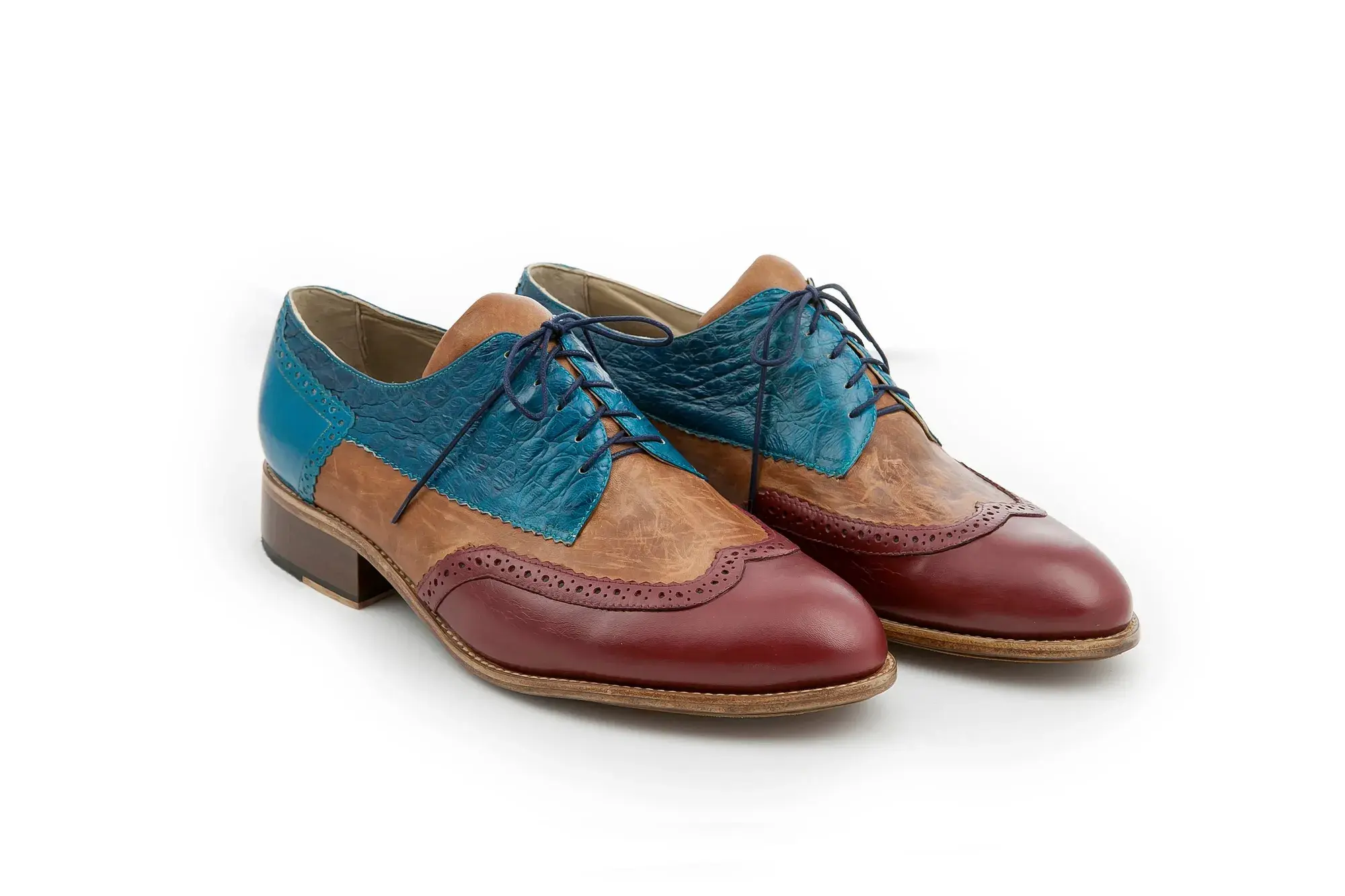 Teal, Tan and Burgundy Brogues, the pair side by side