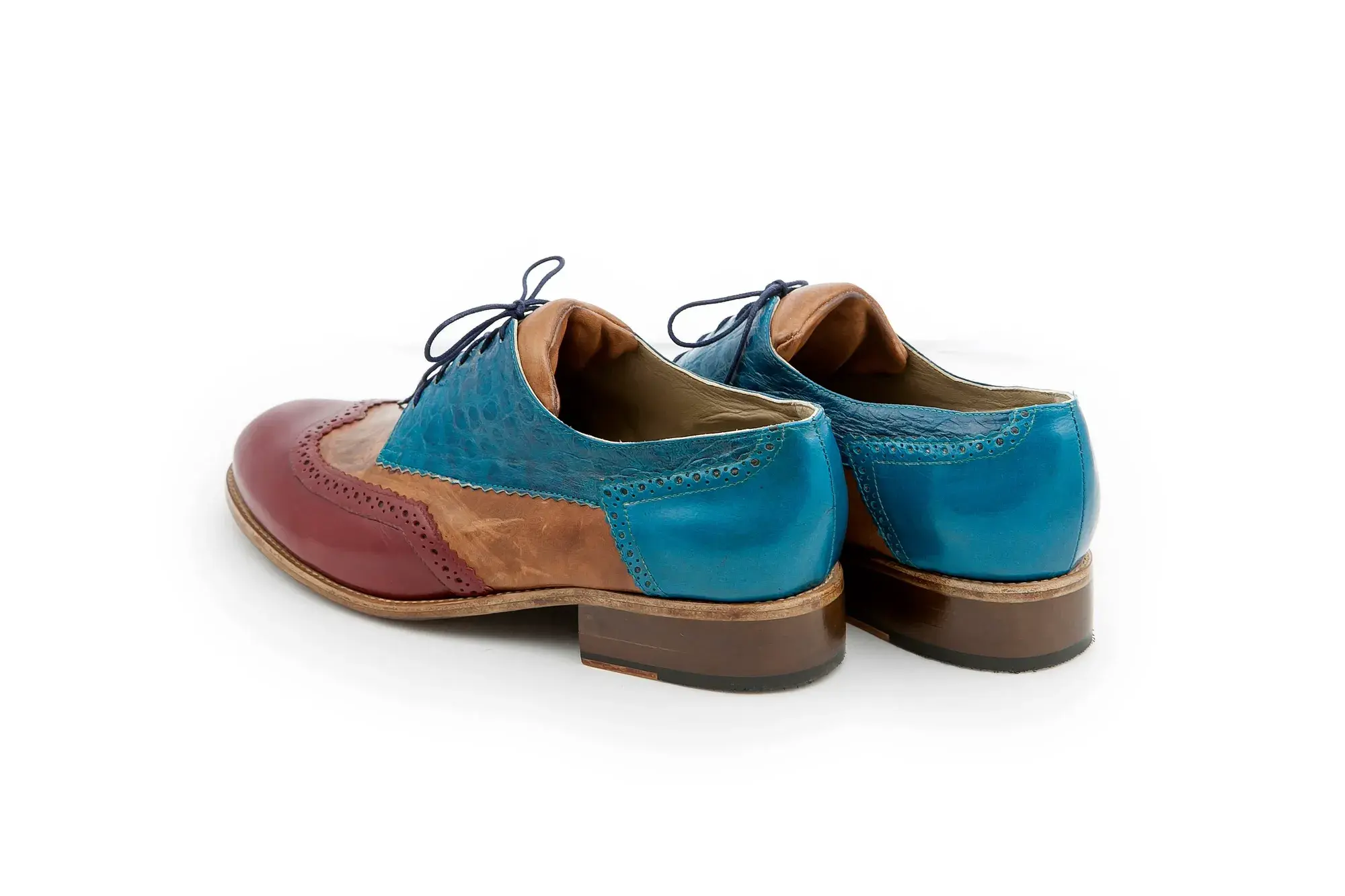 Teal, Tan and Burgundy Brogues, seen from behind
