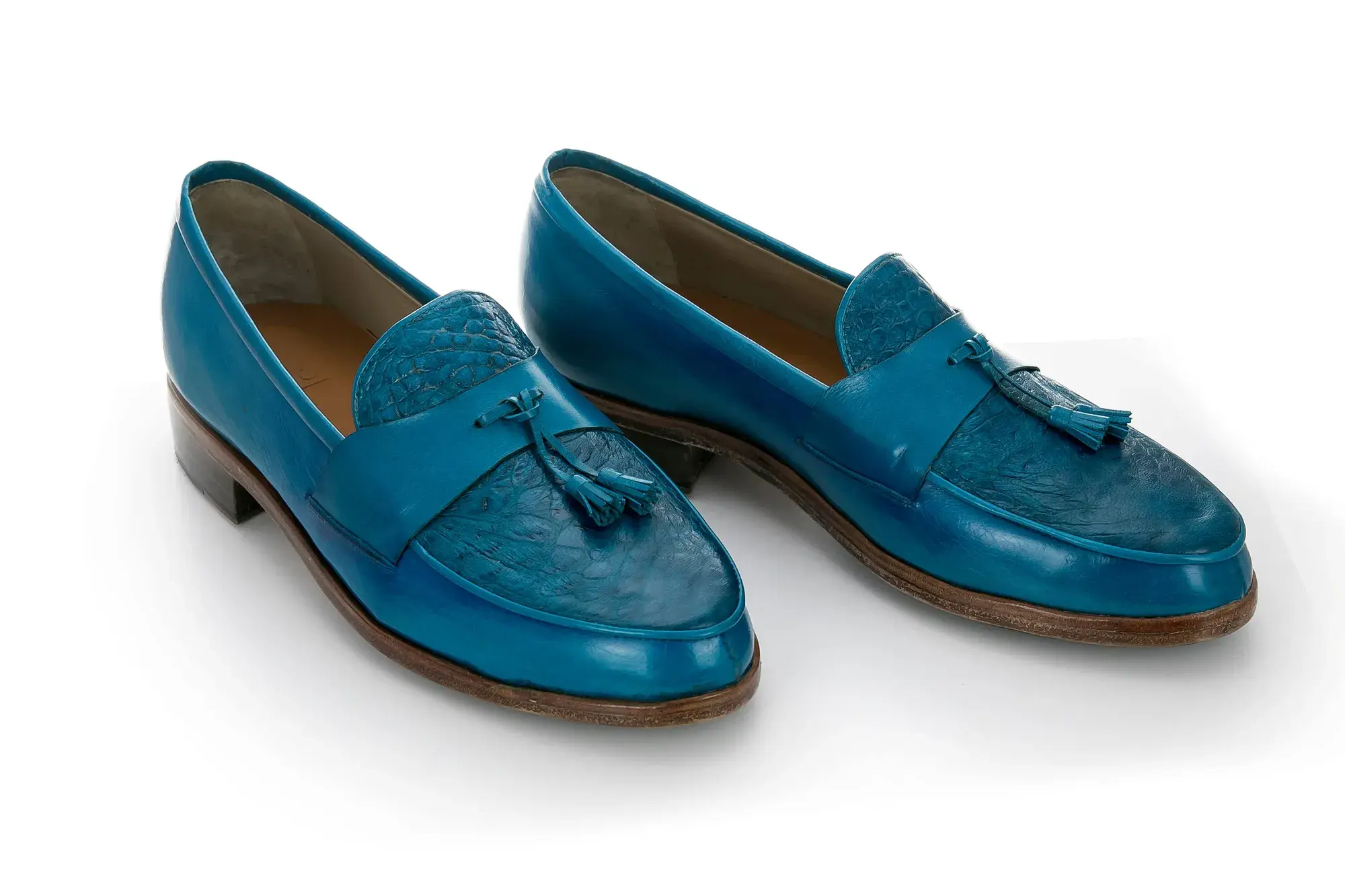 Turquoise Tassel Loafers, the pair side by side