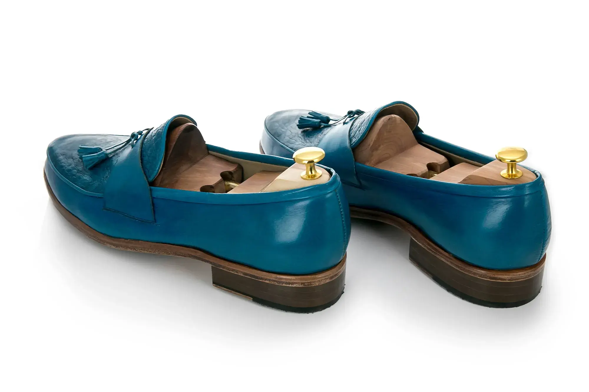 Turquoise Tassel Loafers, seen from behind