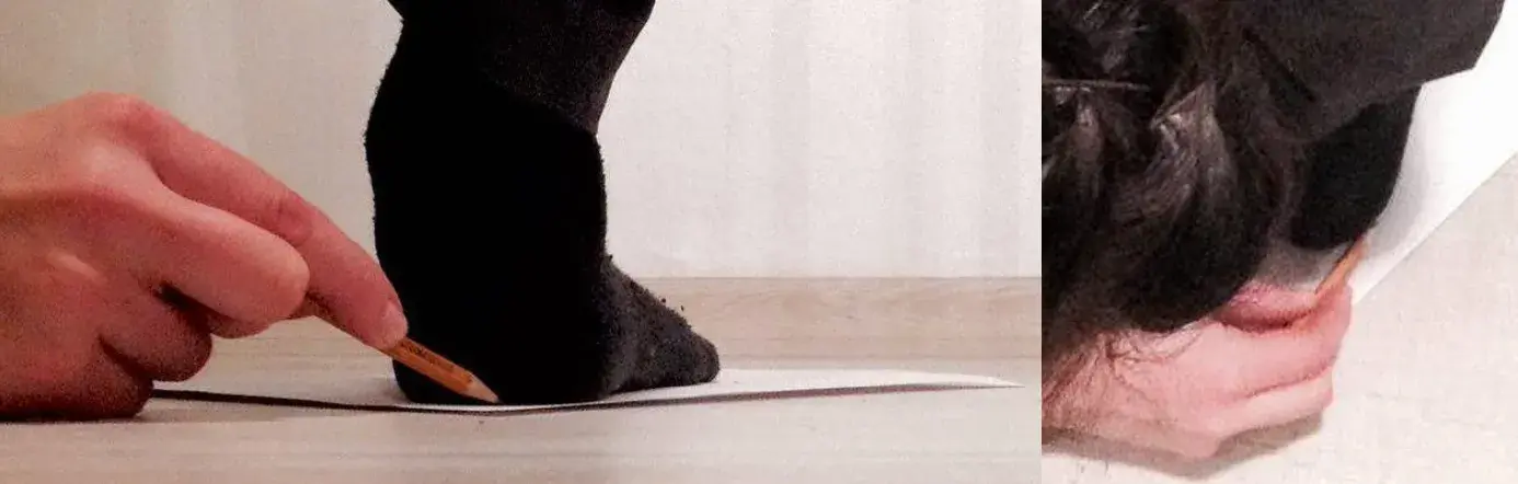 A pencil tracing around the side and heel of a socked foot on paper