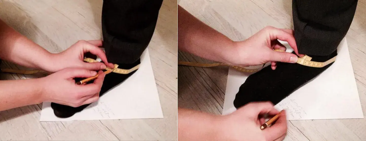 A tape measure running around the back of the heel from the instep