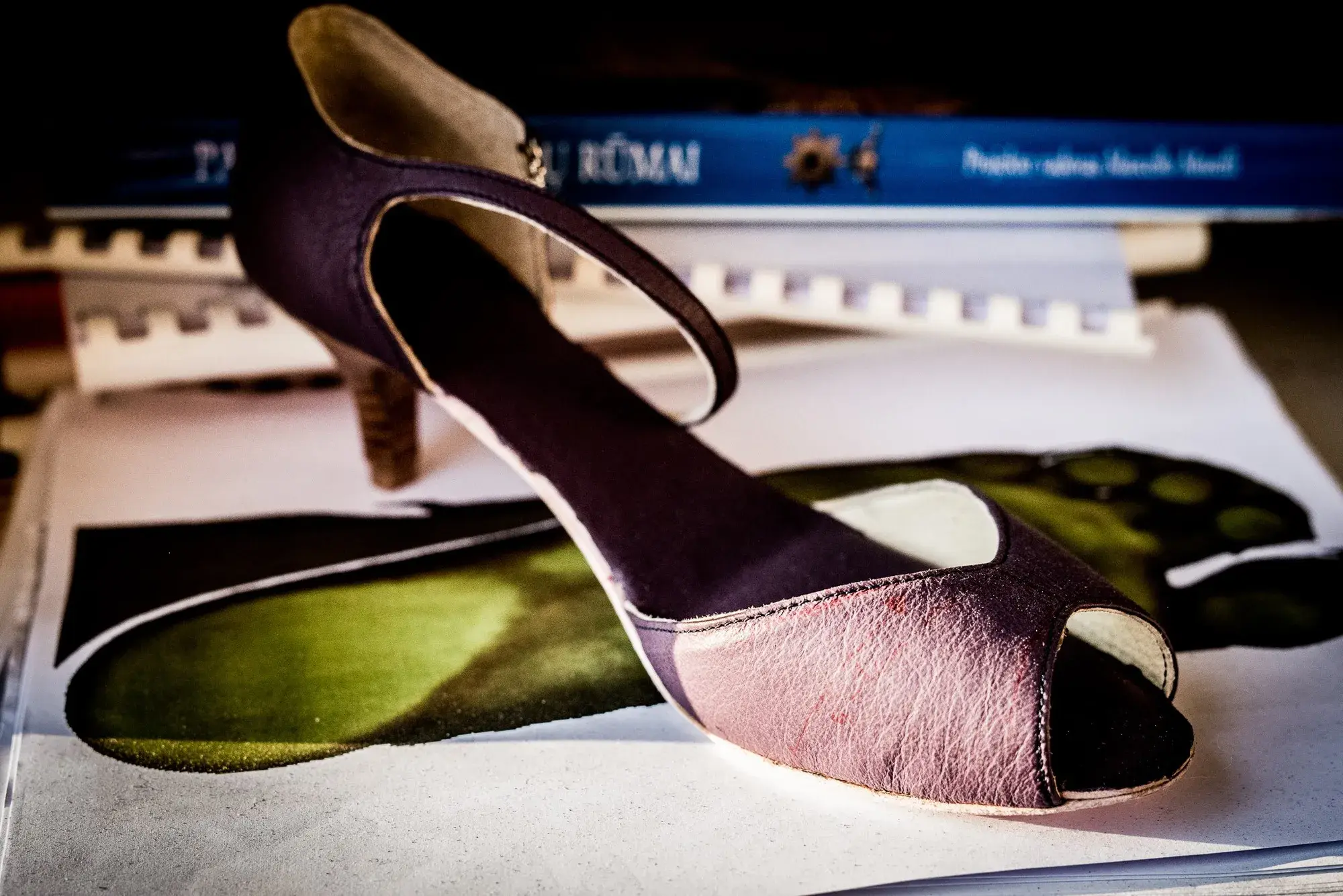 A plum and green peep-toe trial shoe with a heel