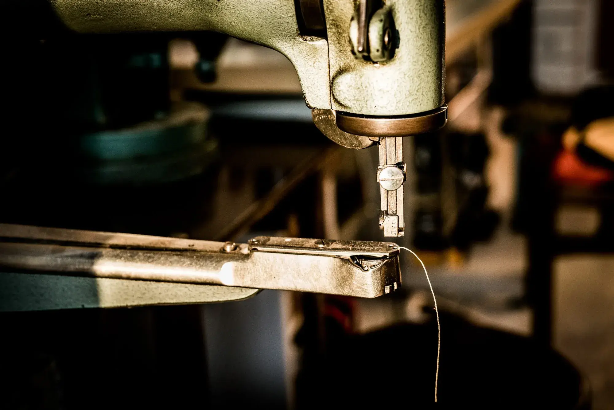 Close-up of a sewing machine's needle and presser foot, a thread trailing from it